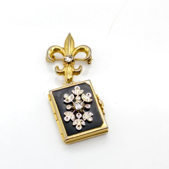 Pegasus Coro Locket Brooch with Gold Tone Fleur De Lis and Photo Book